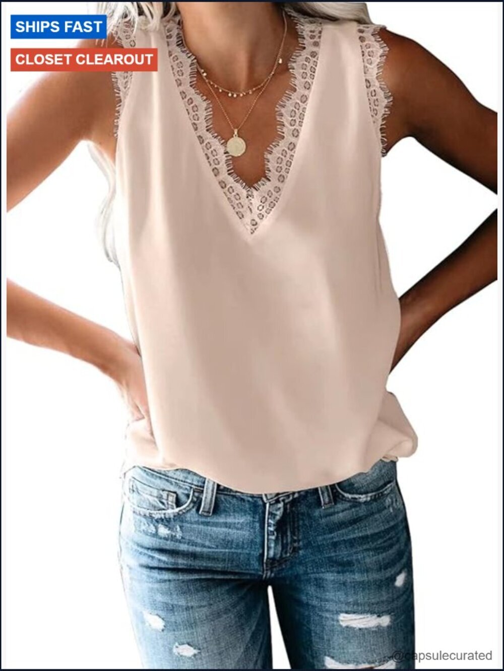Lace V-Neck Sleeveless Tank Top Casual Summer Blouse
